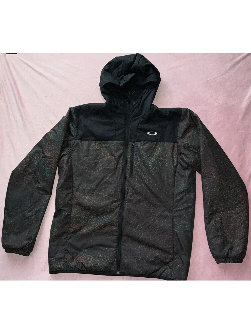 Oakley Full Zip Jacket Mens Size L Black Hooded Windbreaker Coat Sparkles RARE